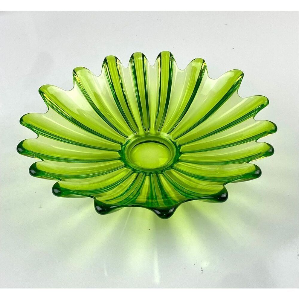 Vtg MCM Federal Glass Celestial Limelight Green Petal Flower Low Bowl Dish, 11"